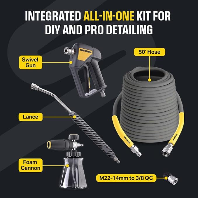 Active Pressure Washer Accessory Bundle, Adaptable for All Electric & Gas Pressure washers w/ M22-14mm Connections. Swivel Gun, Foam Cannon, Lance & 50’ Hose for DIY car wash & Professional Detailing