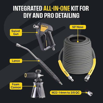 Active Pressure Washer Accessory Bundle, Adaptable for All Electric & Gas Pressure washers w/ M22-14mm Connections. Swivel Gun, Foam Cannon, Lance & 50’ Hose for DIY car wash & Professional Detailing
