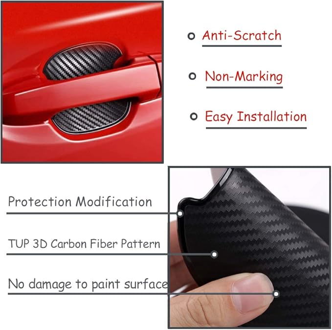 WORCAS 4Pcs Black Carbon Fiber TPU Car Door Handle Cup Protective Stickers Universal Door Handle Cups Scratch Protection Films
