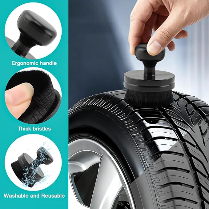 2 Pcs Car Tire Shine Applicator,Round and Curved Brushes with Storage Stand Automotive Tire Dressing Applicator Brush for Auto Detailing Cleaning Service(Color:Black)