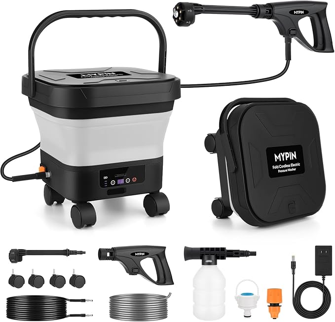 660PSI Portable Cordless Pressure Washer with Folding 3.4Gal Tank, 6-in-1 Nozzle, 7 Adjustable Pressure Levels, 7M Hose, Portable Sprayer with Wheels for Car Floor Wall Fence Cleaning (White)