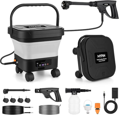 660PSI Portable Cordless Pressure Washer with Folding 3.4Gal Tank, 6-in-1 Nozzle, 7 Adjustable Pressure Levels, 7M Hose, Portable Sprayer with Wheels for Car Floor Wall Fence Cleaning (White)