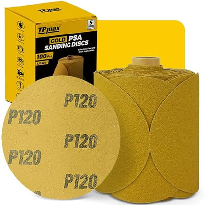 100PCS 5 Inch PSA Sanding Discs 120 Grit | Self-Adhesive Sandpaper Roll for DA Sanders, Orbital Sander | Gold Aluminum Oxide Sticky Back Abrasive Discs for Automotive, Woodworking, and Metal Polishing