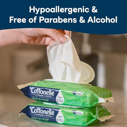 Cottonelle GentlePlus Flushable Wet Wipes with Aloe & Vitamin E, 4 Flip-Top Packs, 42 Wipes Per Pack (168 Total Wipes), Packaging May Vary
