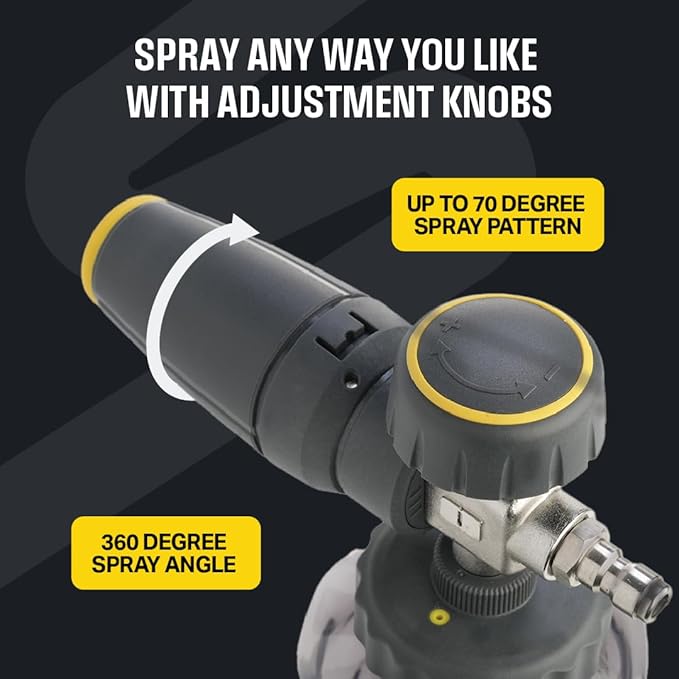 Active Foam Cannon with ¼ inch quick connector for Electric and Gas Pressure Washers. Wide-mouth bottle and variable spray to generate thick snow foam spraying for home DIY car wash & detailing.