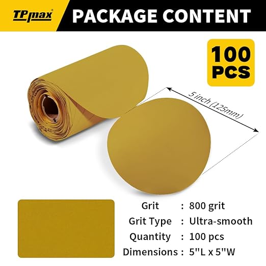 100PCS 5 Inch PSA Sanding Discs 800 Grit | Self-Adhesive Sandpaper Roll for DA Sanders, Orbital Sander | Gold Aluminum Oxide Sticky Back Abrasive Discs for Automotive, Woodworking, and Metal Polishing