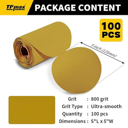 100PCS 5 Inch PSA Sanding Discs 800 Grit | Self-Adhesive Sandpaper Roll for DA Sanders, Orbital Sander | Gold Aluminum Oxide Sticky Back Abrasive Discs for Automotive, Woodworking, and Metal Polishing