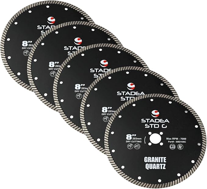 Stadea SBD116C Diamond Saw Blade 8-Inch Continuous Turbo Dry Cutting - Cuts Granite Quartz Quartzite, Fits Grinder, Saw Cutter, 8 MM Segments - Pack of 5