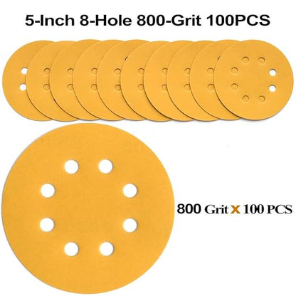Aiyard 5-Inch 8-Hole Hook and Loop Sanding Discs 800-Grit Random Orbit Sandpaper, 100-Pack
