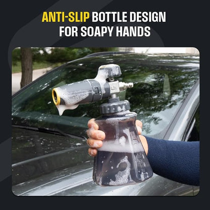 Active Foam Cannon with ¼ inch Quick Connector for Electric and Gas Pressure Washers. Wide-Mouth Bottle and Variable Spray to Generate Thick Snow Foam Spraying for Home DIY car wash & Detailing.