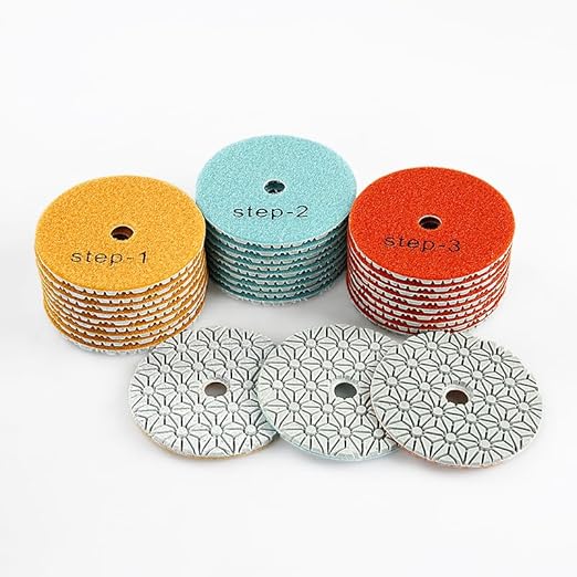 LOZLIN 4PCS 4 Inch 3 Steps Water-Worn Wet Polishing Pad Sharp Flexible 100mm Diamond Polishing Pads for Granite Marble Stone Concrete Sanding Disc