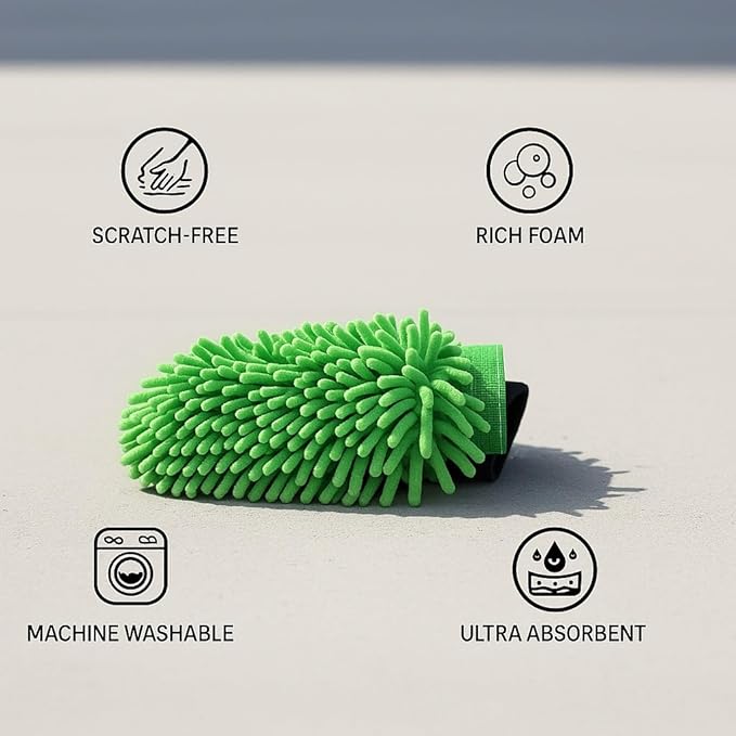 Car Wash Mitt Microfiber, 2PK-Scratch & Lint Free, Premium Chenille Microfiber Wash Mitt (Green)
