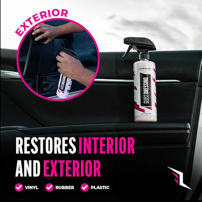 Legendary Gloss Dressing 64oz (Half Gallon) - Tire Shine Spray & Plastic Restorer – Water Based & Non-Greasy Interior/Exterior Detailing Spray - Trim, Rubber, Vinyl & Plastic Restorer for Cars
