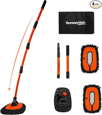 YeewayVeh 55" Car Wash Brush Mop with Long Handle, 15 Degree Curved Extendable Car Wash Brush with Extra Microfiber Mop Head, Soft Car Washing Brushes with Storage Bag for Truck SUV Cleaning, Orange