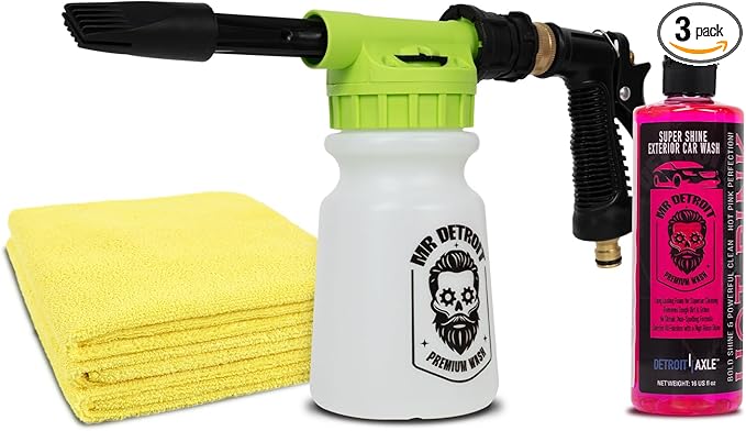 Mr. Detroit - 3pc Car Wash Kit with Foam Blaster, Microfiber Towels (Pack of 3), 16oz Car Wash Soap, Foam Cannon Car Soap Shampoo Streak-Free Exterior Wash for Auto Detailing & Home Use