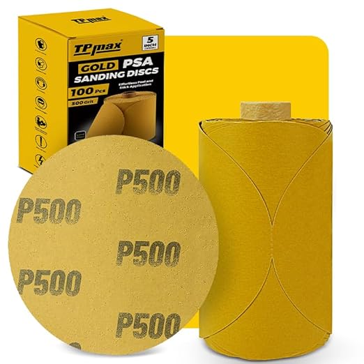 100PCS 5 Inch PSA Sanding Discs 500 Grit | Self-Adhesive Sandpaper Roll for DA Sanders, Orbital Sander | Gold Aluminum Oxide Sticky Back Abrasive Discs for Automotive, Woodworking, and Metal Polishing