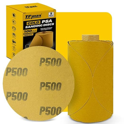100PCS 5 Inch PSA Sanding Discs 500 Grit | Self-Adhesive Sandpaper Roll for DA Sanders, Orbital Sander | Gold Aluminum Oxide Sticky Back Abrasive Discs for Automotive, Woodworking, and Metal Polishing