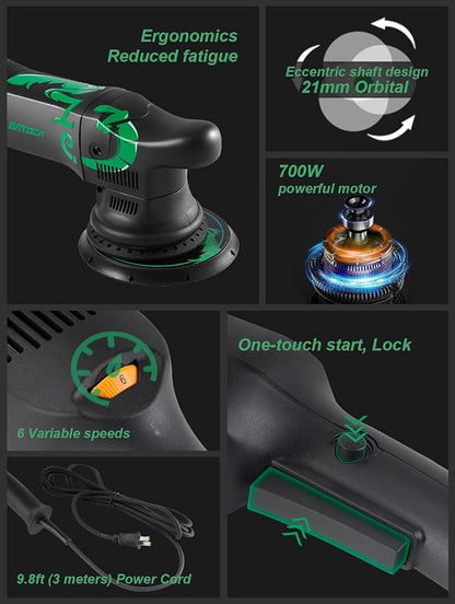 BATOCA Dual Action Polisher 6-inch DA Polisher for Car Detailing, Car Buffer Polisher 700w Random Orbital, 6 Variable Speed Polishing Kit with 3 Polishing Pads
