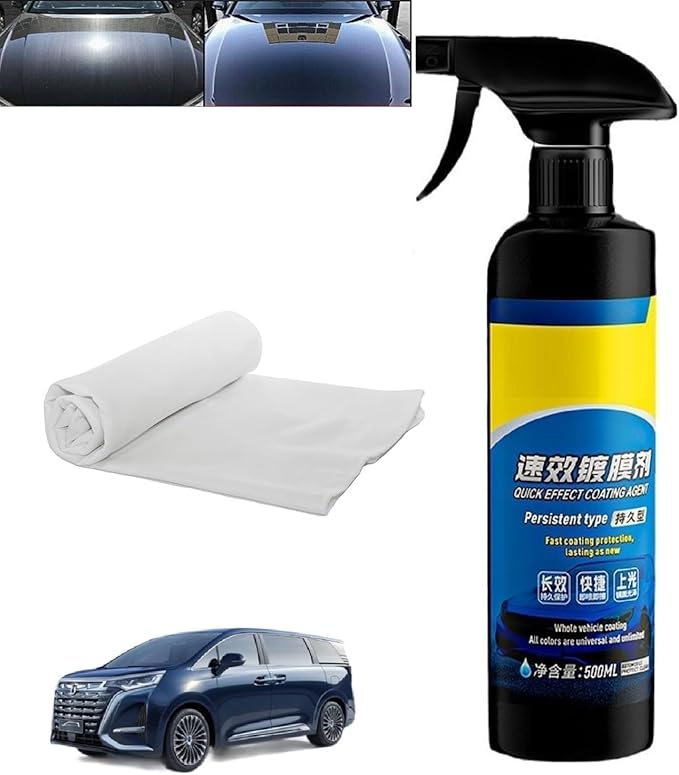 Car Coating Spray,Oil Film Emulsion Glass Cleaner,Quick Effect Coating Agent,Coating Agent Spray,Spray Wax Polish for Car Scratches(1PC+Sponge+Cloth),Waterless Wash