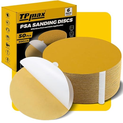 6-Inch 600-Grit Gold PSA Sanding Discs, 50 Pack – Pro-Grade Self-Adhesive Stickyback Sandpaper with Quick-Release Tabs for DA Sander, Micro-Finishing Automotive/Wood/Metal Sanding