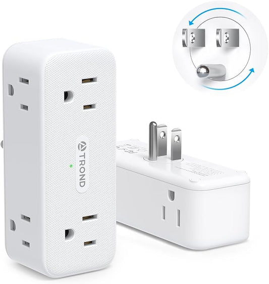 TROND Multi Plug Outlet Extender 2 Pack - 6 AC Outlet Splitter with 360° Rotating Plug, Wall Plug Adapter, 3 Way Multiplug Expander, Swivel Wall Extension Adapter for Bathroom Kitchen Office Travel