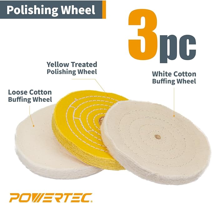 POWERTEC 6-Inch Bench Buffer Jewelry Polisher - Includes 5PCs 80Ply Buffing Wheels + 3PCs Polishing Compound Set | Benchtop Buffing Machine for Metal, Jewelry, Knives, Wood, Jade, and Plastic (BF601D)