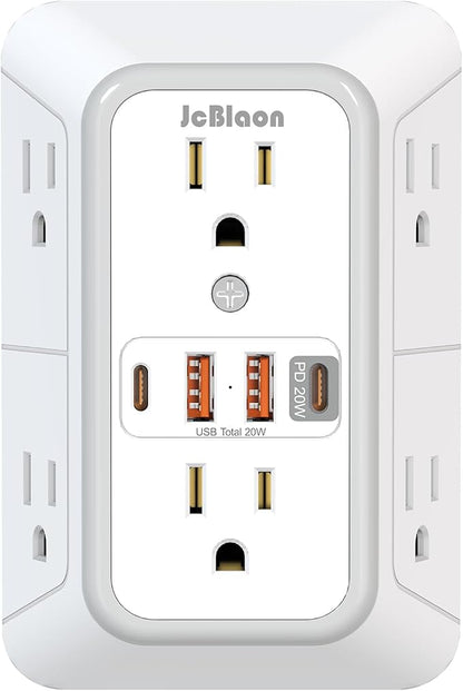 JcBlaon Multi Plug Outlet Surge Protector, Wall Charger with 6 Outlet Splitter with 4 USB Ports(PD 20W), 3-Sided 1050J Surge Protector Power Strip for Home Office Dorm Room Essentials