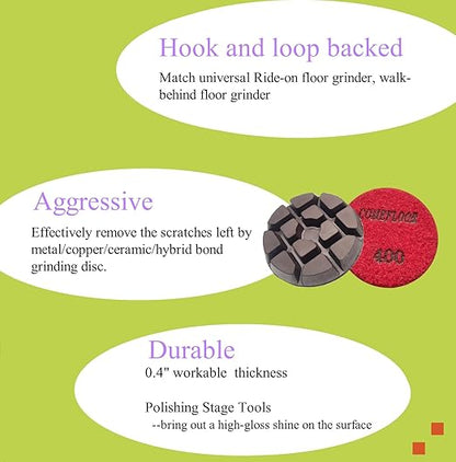 Concrete Floor Polishing Pucks Diamond Resin Disc for Terrazzo, Marble, Granite Floor, 3 Inch Hook and Loop Polishing Pad,400# 3PCS
