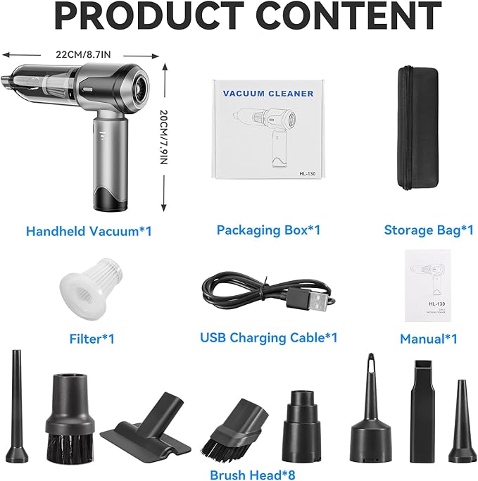 Grixz Handheld Vacuum Cleaner, 22000Pa Powerful Car Vacuum Cleaner Cordless, Lightweight Mini Vacuum Air Duster, Rechargeable Portable Vacuum for Car, Home, Kitchen