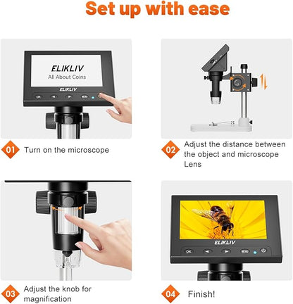 Elikliv Microscope, LCD Digital Coin Microscope 1000x, Coin Magnifier with 8 Adjustable LED Lights, PC View Compatible with Windows/MacBook, EDM4, 4.3-Inch
