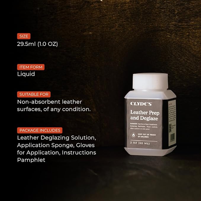 Clyde's™ Leather Preparer and Deglazer | Best for Non Absorbent Leather Surfaces | Remove Factory Finishes from Furniture, Auto Interior, Tack, and Shoes | to Be Used Before Leather Recoloring Balm