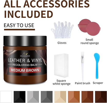 Leather Recoloring Balm and Scratch Repair Kit, Medium Brown Leather Restorer for Couches, Furniture, Car Seats, Leather Paint & Stain for Sofa, Chairs, Bags, and More