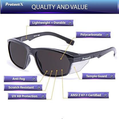 ProtectX Classic Safety Glasses, Anti-Fog Scratch Resistant Lenses, Protective Eyewear for Work, Indoor/Outdoor, ANSI Z87.1