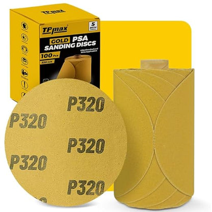 100PCS 5 Inch PSA Sanding Discs 320 Grit | Self-Adhesive Sandpaper Roll for DA Sanders, Orbital Sander | Gold Aluminum Oxide Sticky Back Abrasive Discs for Automotive, Woodworking, and Metal Polishing