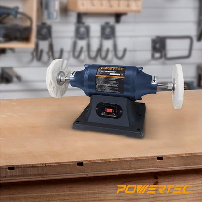 POWERTEC 6-Inch Bench Buffer Jewelry Polisher - Includes 4PCs 80Ply Thic Buffing Wheels | Ideal Benchtop Buffing Machine for Polishing Metal, Jewelry, Knives, Wood, Jade, and Plastic (BF601C)