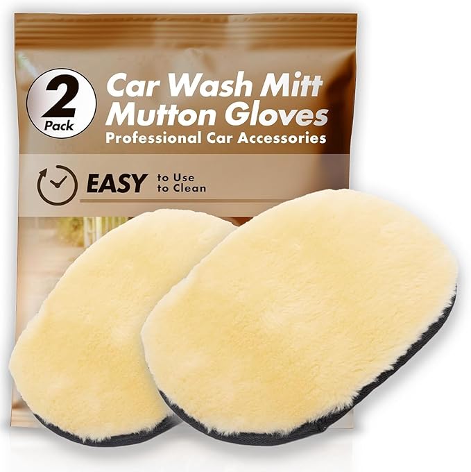 Car Wash Mitt - Ultra-Soft Mutton Glove for Car Wash Kit - Gentle, Scratch-Free Cleaning for Safe Car Detailing & Paint Protection | Car Accessories | White | 2PCS - Japan Import