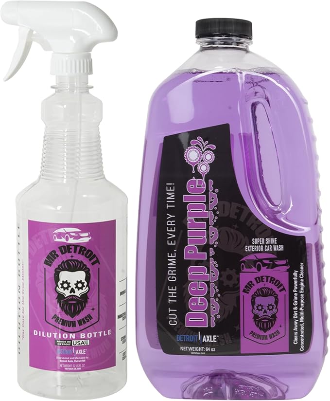 Mr. Detroit - 3pc Heavy Duty Degreaser with Dilution Bottle & Hand Soap, 64oz Deep Purple Degreaser for Engines & Tires, 24oz Mechanic Hand Scrub, Absorb Tough Grease, Oil & Grime