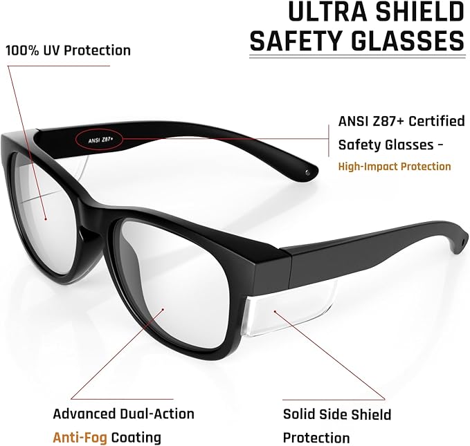MORK&SUKY Safety Glasses with Side Shields，ANSI Z87.1 Certified Protective Eyewear for Work & Outdoor Use.