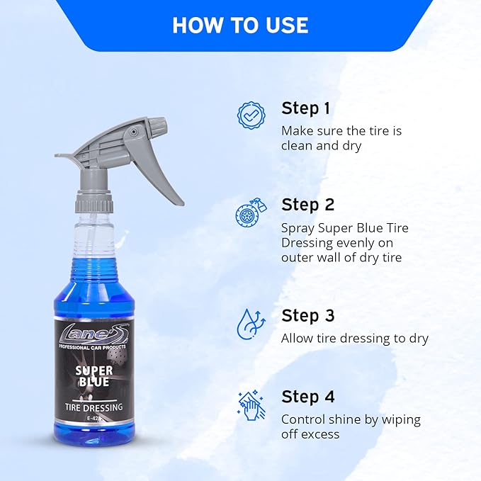 LANE'S Super Blue Tire Dressing Spray | High-Gloss Car Tire Shine Spray | No Sling, No Run, Long Lasting | Protects from Cracks & UV Rays | Non-Greasy Automotive Dressing & Cleaner | 16oz