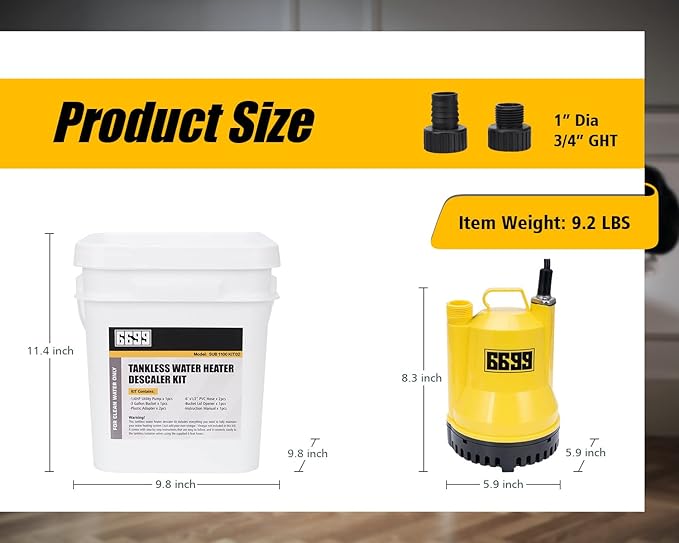 Tankless Water Heater Flushing Kit Includes 1/6HP Submersible Sump Pump with Two Adapters & 3 Gallons Pail with Bucket Lid Opener & Two 1/2” Dia X 6’ PVC Hoses with Washers