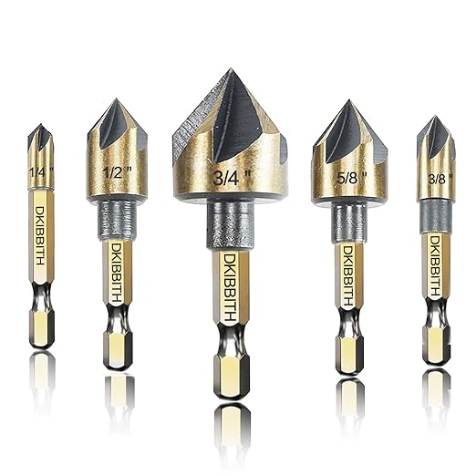 Countersink Drill Bit Set, 5pc, 1/4" Hex Shank, 82 Degree Countersink Holes for Screws to Sit Flush or Under The Surface of Metal Wood Plastic, Sizes 1/4, 3/8, 1/2, 5/8, 3/4 Inches with Storage Case