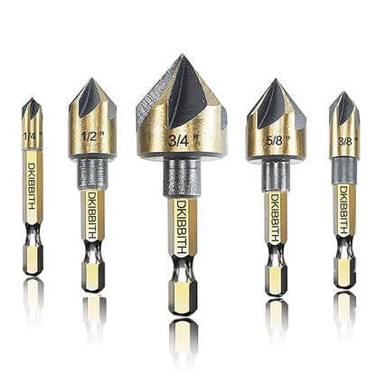 Countersink Drill Bit Set, 5pc, 1/4" Hex Shank, 82 Degree Countersink Holes for Screws to Sit Flush or Under The Surface of Metal Wood Plastic, Sizes 1/4, 3/8, 1/2, 5/8, 3/4 Inches with Storage Case