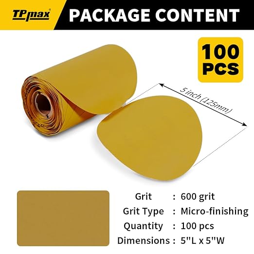100PCS 5 Inch PSA Sanding Discs 600 Grit | Self-Adhesive Sandpaper Roll for DA Sanders, Orbital Sander | Gold Aluminum Oxide Sticky Back Abrasive Discs for Automotive, Woodworking, and Metal Polishing