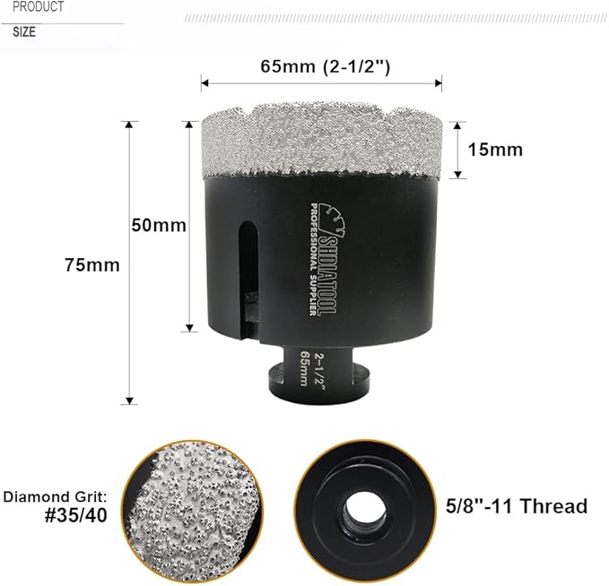 SHDIATOOL Diamond Core Drill Bits 2-1/2 Inch for Porcelain Ceramic Tile Marble 5/8"-11 Hole Saw 65mm