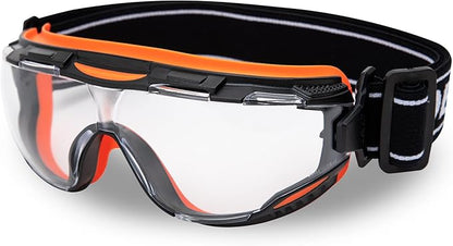 DEX FIT Protective Safety Goggles SG220; Anti Fog & Scratch, Z87 Eye Protection for Lab, Science, and Chemistry Work, Adjustable for Women and Men, (Black & Orange Frame, Clear Lens, 19cm Strap)
