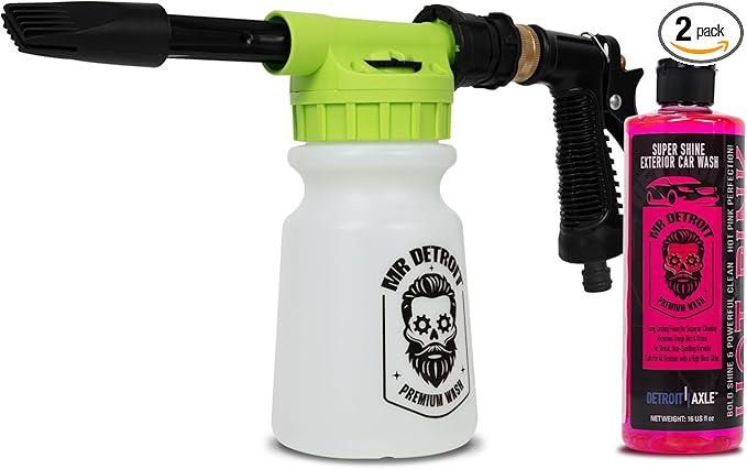Mr. Detroit - Car Wash Gun Foam Blaster and 16oz Cleaning Soap Bottle with Flip Cap, Scratch Free Foam Cannon Soap Shampoo Streak-Free Washing for Home & Auto Detailing- 2pc