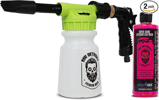 Mr. Detroit - Car Wash Gun Foam Blaster and 16oz Cleaning Soap Bottle with Flip Cap, Scratch Free Foam Cannon Soap Shampoo Streak-Free Washing for Home & Auto Detailing- 2pc