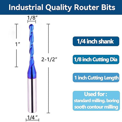 CNC Router bits Carbide Ball Nose End Mill with Nano Blue Coating for Side Milling. End Milling. Finish Machining. (1/8" Cut Dia-Extra Long Cutting Length)
