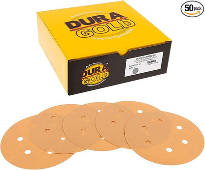 Dura-Gold Premium 400 Grit 6" Gold Sandpaper Discs, 6 Hole Pattern Dustless, Box of 50 - Hook & Loop Backing for DA Sander, Finishing Fine Cut Sanding Abrasive Automotive Paint, Woodworking Wood Metal