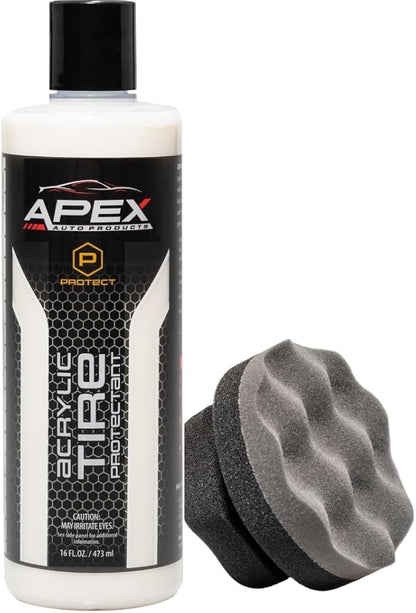 Apex Acrylic Tire Shine and Tire Shine Applicator - 16 oz Semi-Permanent - 6+ Months Durability - Easy to Apply - Fast Drying Car Tire Shine - No Sling - Glossy - Extreme Tire Dressing - Made in USA